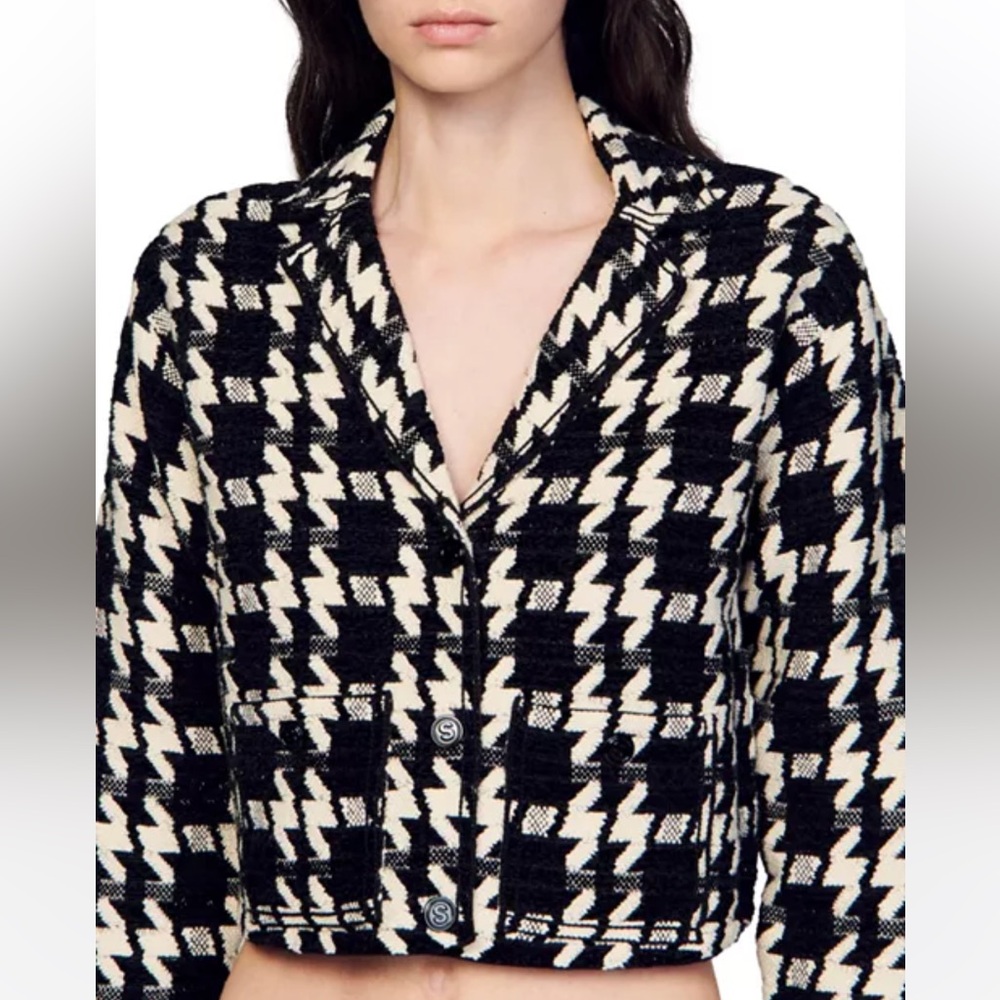 NWT Sandro Bree Jacquard Metallic Houndstooth Short Coat Jacket — Black & Cream